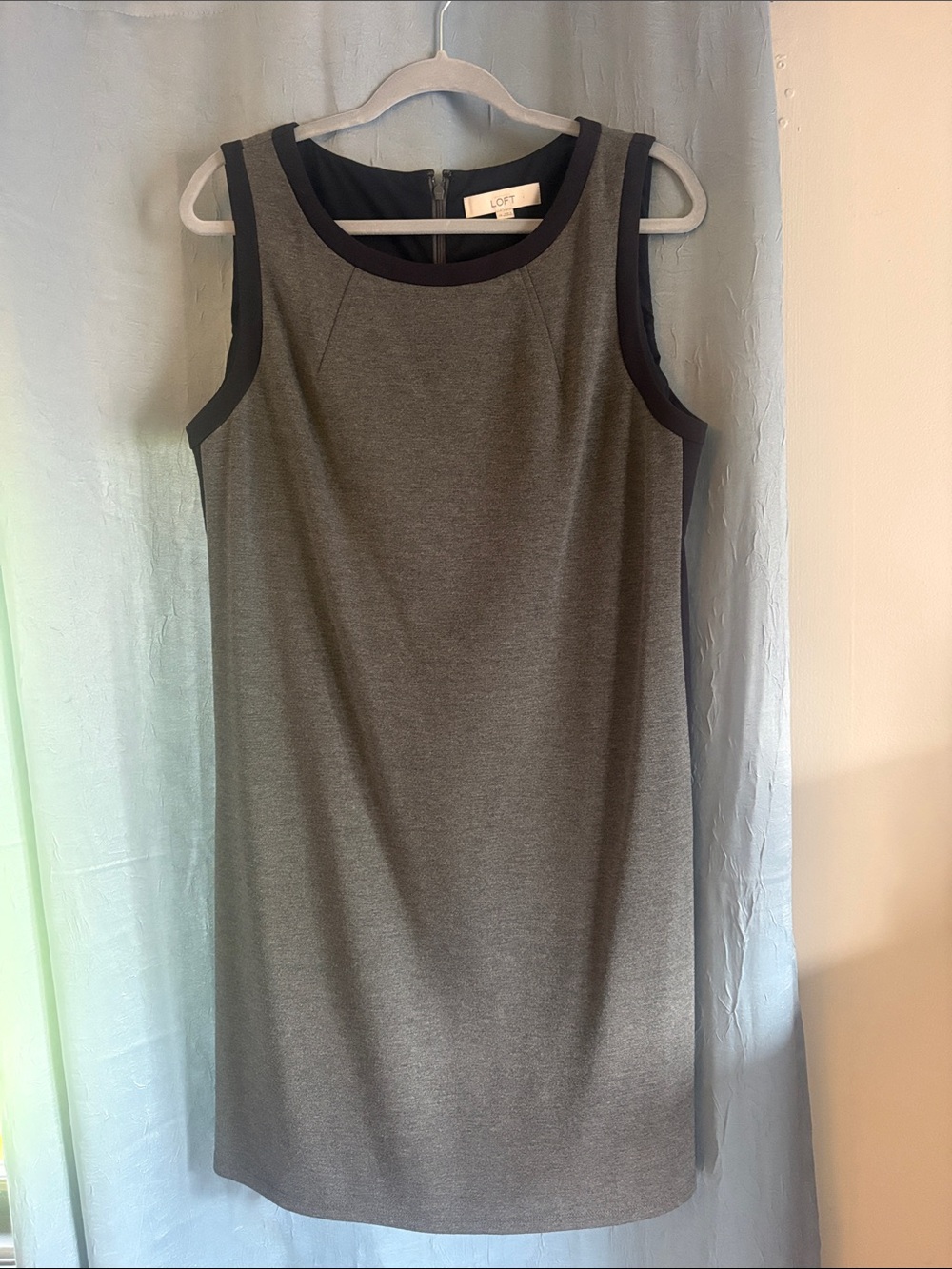 LOFT Gray Sleeveless Shift Dress with Black Trim